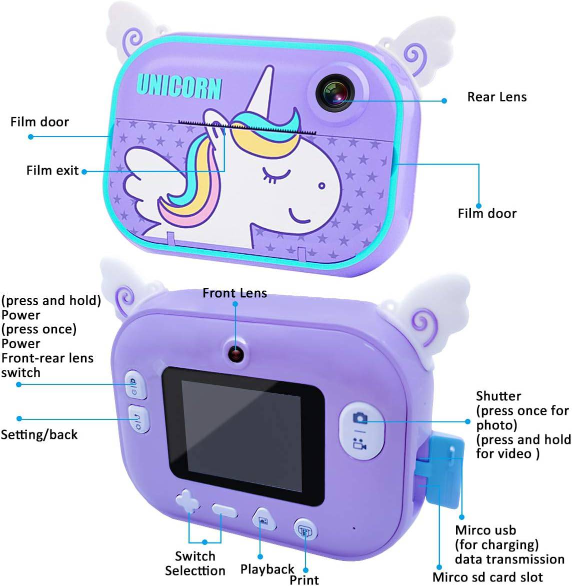 COOLBABY KPCM0 Instant Print Camera for Kids, Girls Boys Zero Ink Print Photo Selfie Video Digital Camera with Paper Film, 3-12 Years Old Children Mini Learning Toy Camera Gifts for Birthday - COOL BABY