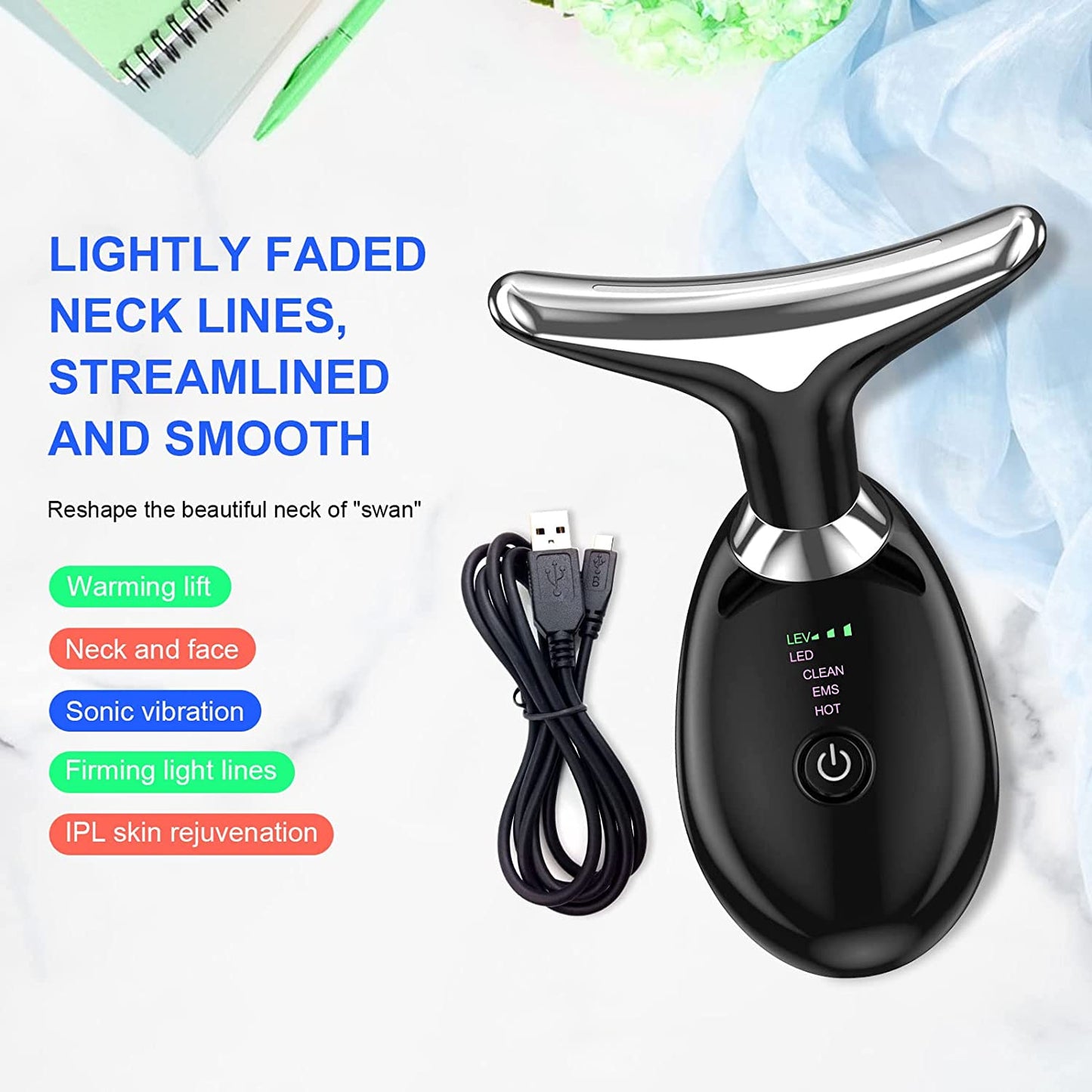 COOLBABY MLTI-MSGR Facial Neck Lifting Machine Sonic Face Massager Beauty Device Wrinkles Remover Skin Rejuvenation Anti-aging Rechargeable 3 Modes Black - COOLBABY