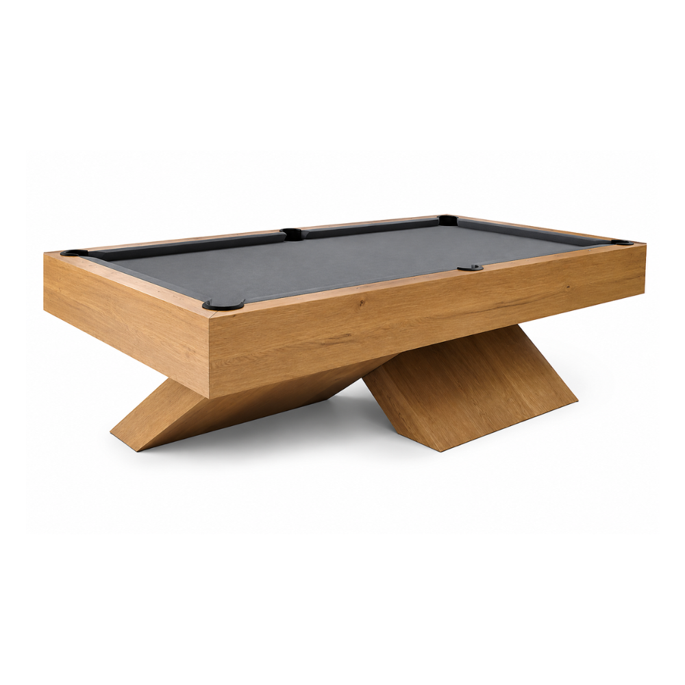 A modern pool table with a light oak wood frame and a dark gray felt playing surface, shown on a clean white background.