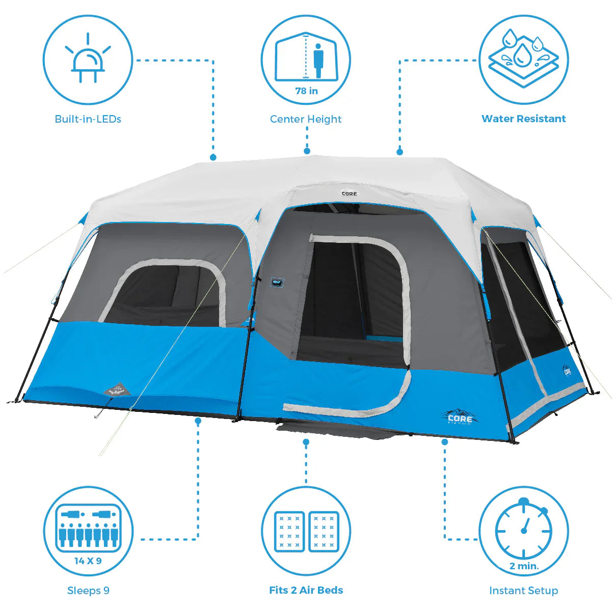 COOLBABY 9-Person Instant Cabin Tent with Built-in LED Lighting, Quick Setup & Weather Protection - COOLBABY