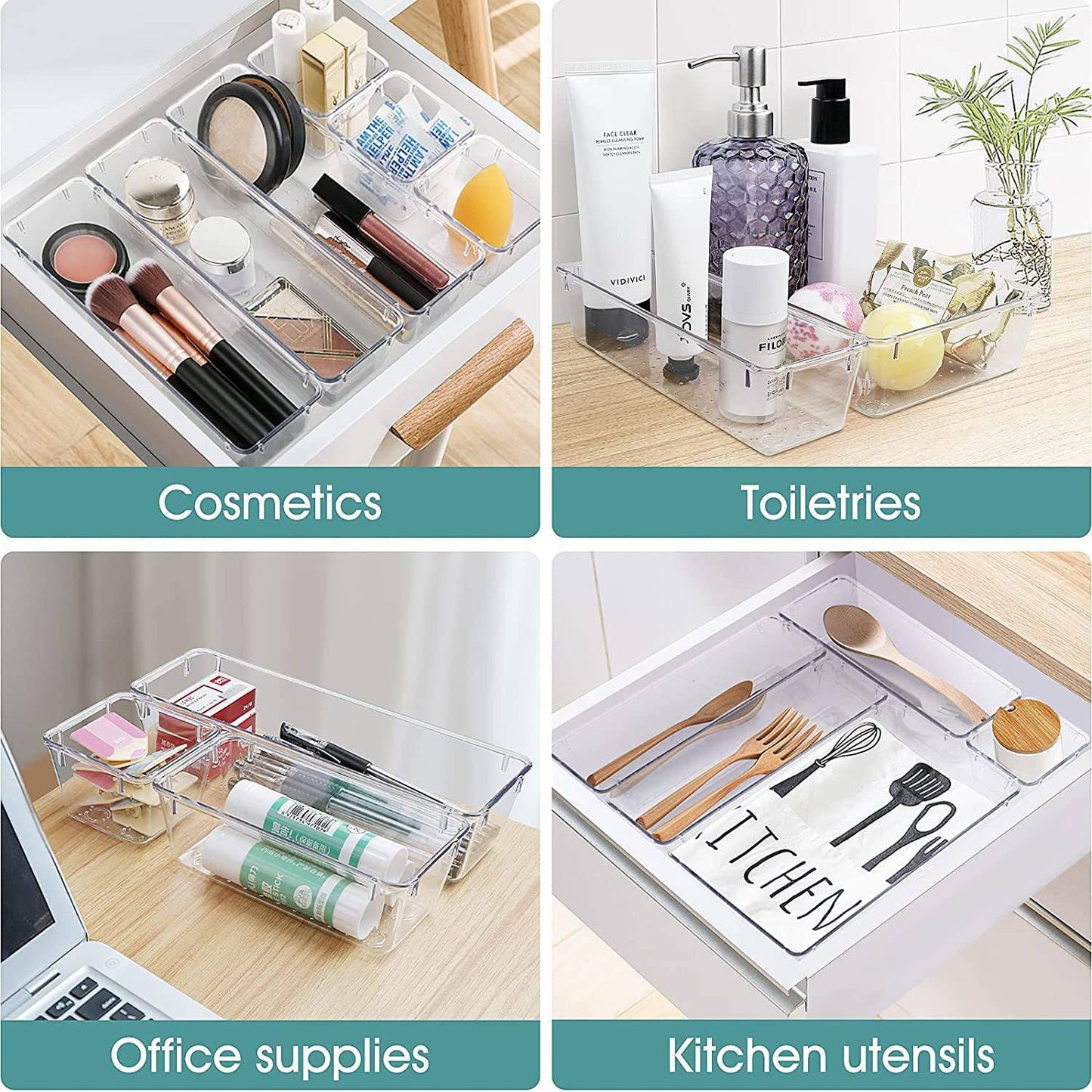 COOLBABY WQSJ-SNH01 25 PCS Clear Plastic Drawer Organizer Set,4 Combinations of Different Sizes - COOL BABY