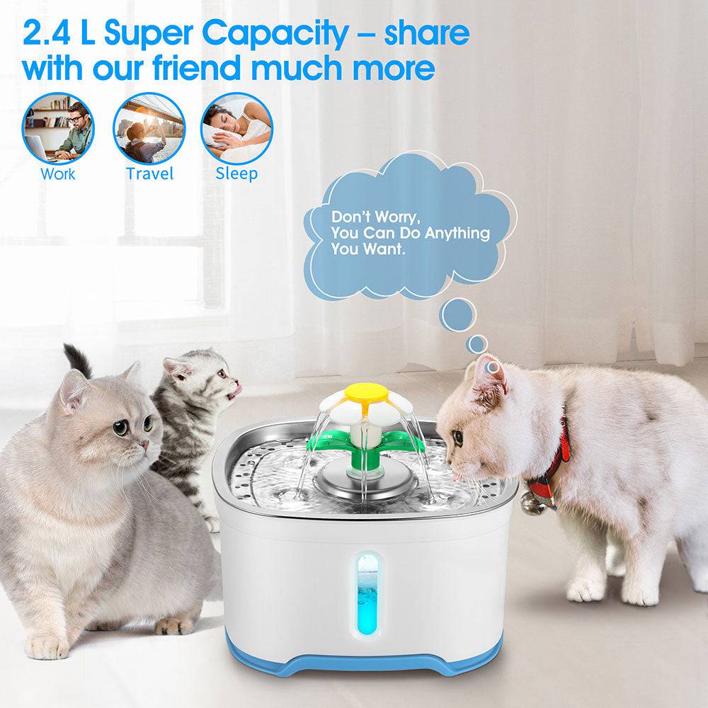 COOLBABY LZM-CWYSJ02 2.5L Pet Water Fountain with Water Filter,Water Spray + LED Bright Blue Light,Automatic Pet Fountain Water Bowl for Cats and Small Dogs - COOL BABY