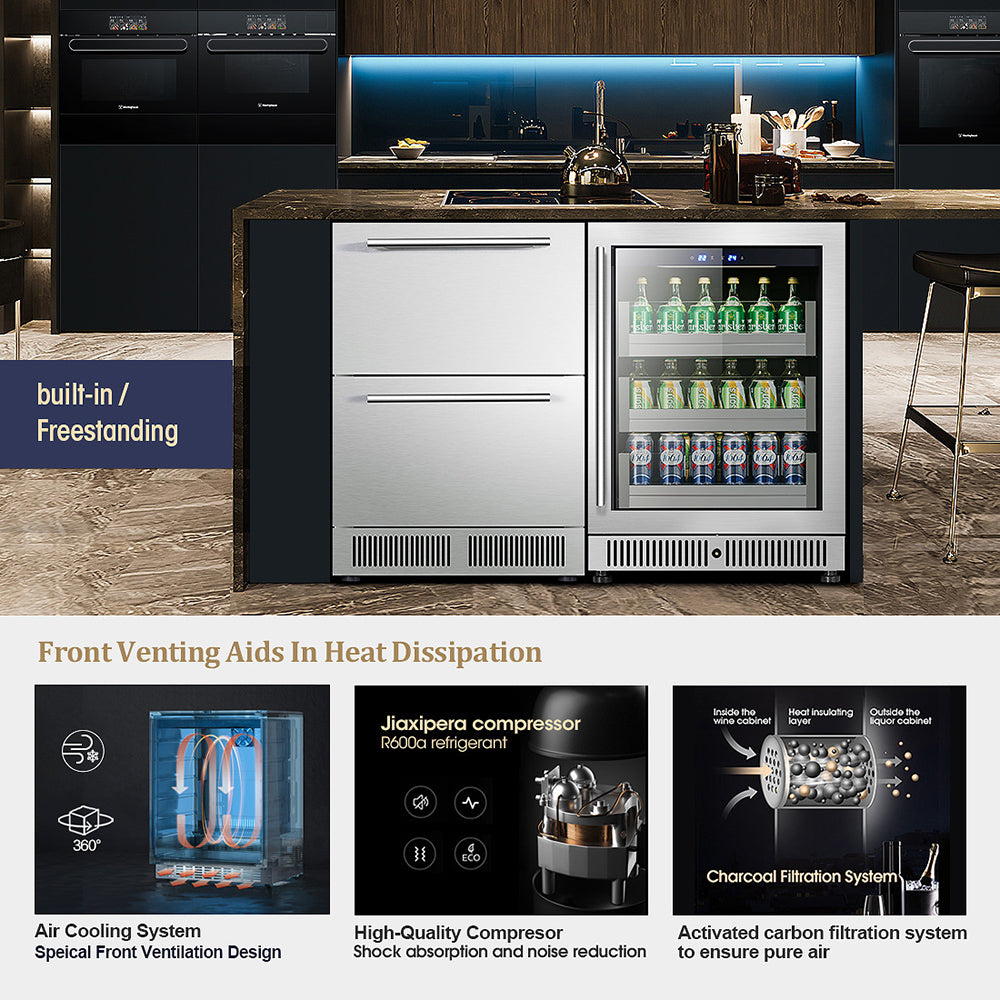 Wine Refrigerator, Under Counter Drawer Refrigeration Cabinet, Stainless Steel Beverage Cooler - COOLBABY
