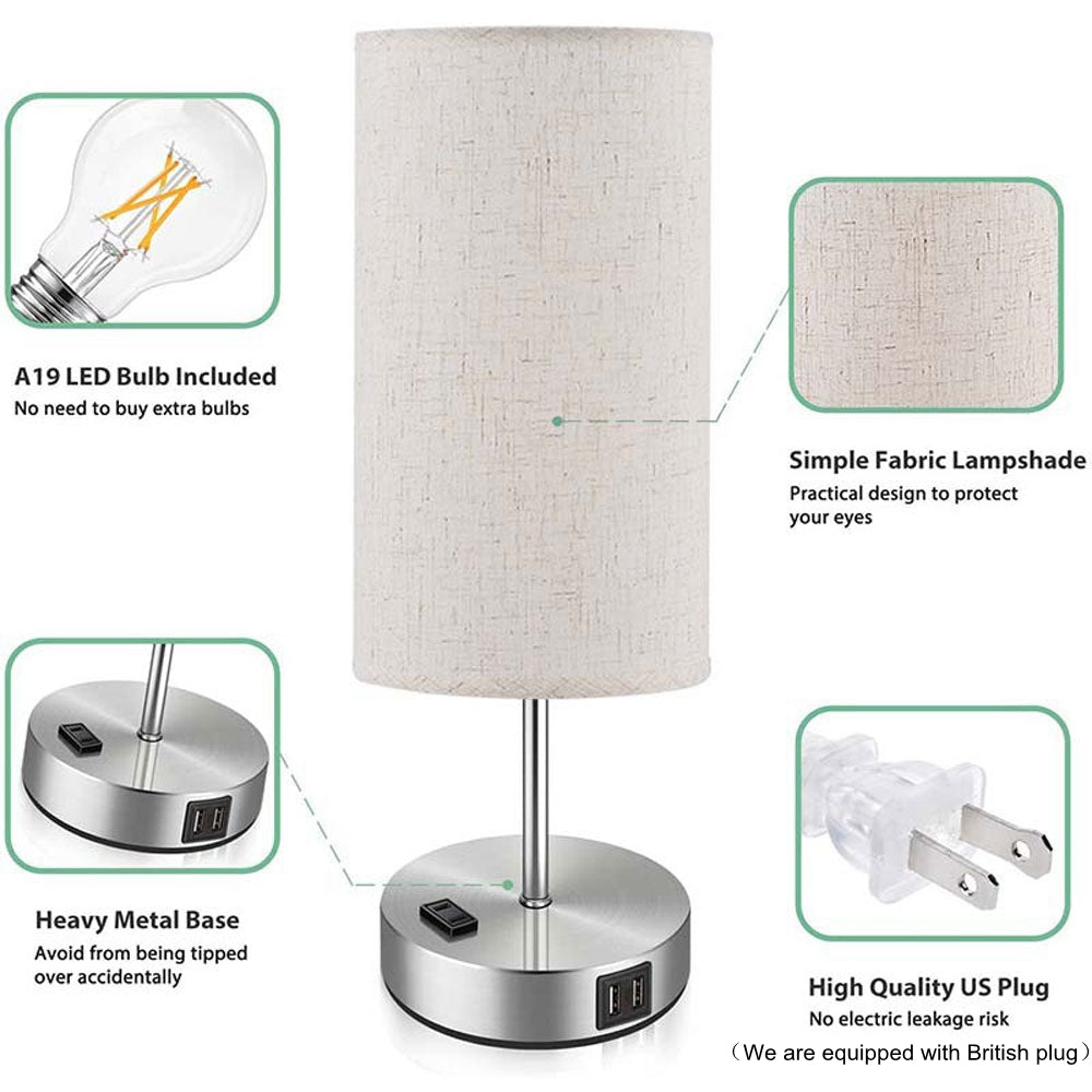 COOLBABY WQSJ011 2 Pack Desk Lamp,Three-Section Touch Table Lamp with Round Cloth Cover,USB Mobile Phone Charging,3 Way Dimmable Touch Lamps - COOLBABY