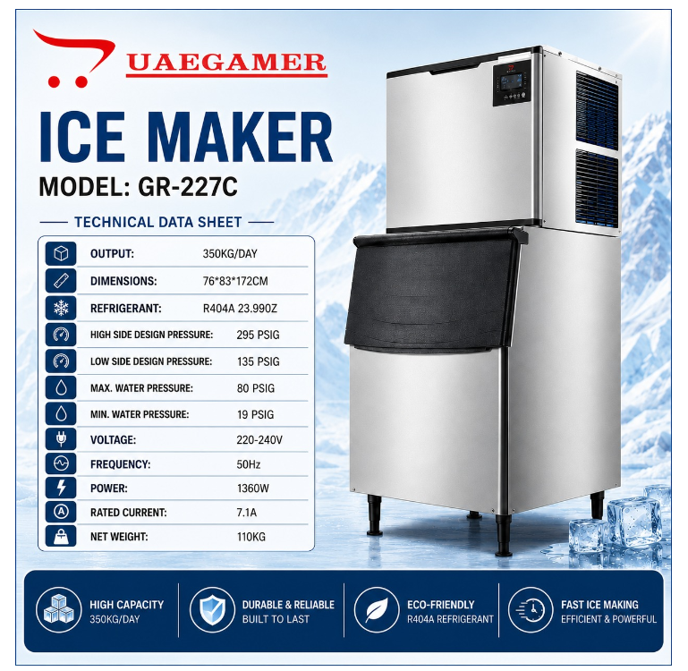 Commercial Ice Maker Machine GR-227C – 350KG/Day High Capacity Stainless Steel Ice Maker for Restaurants, Hotels & Cafés