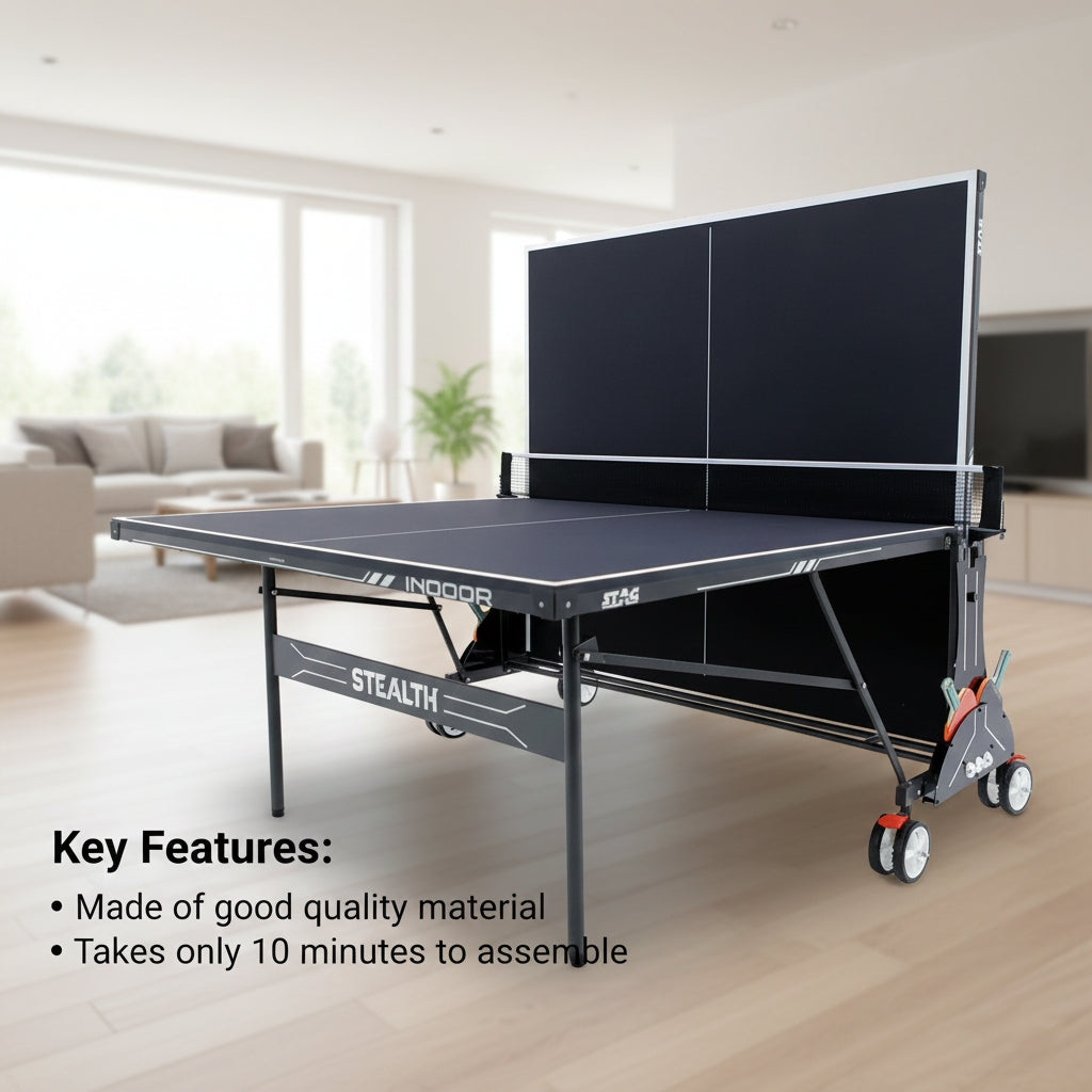 STAG Stealth Indoor Table Tennis Table – 15mm Anti‑Glare Top, Zero‑Vibration Steel Frame, Quick 10‑Minute Setup