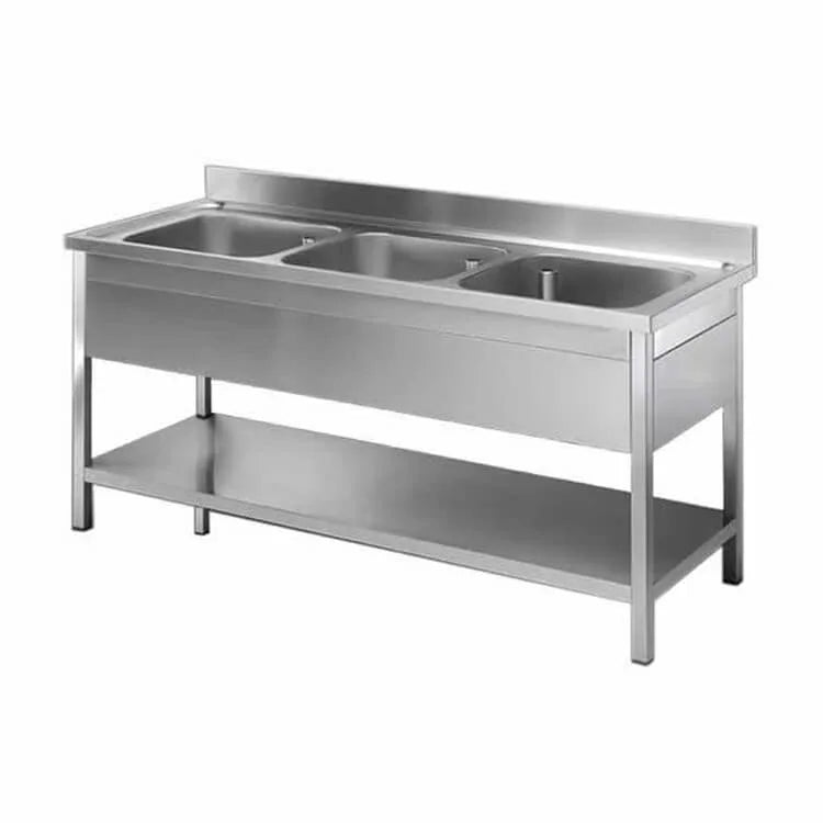 Commercial Three Bowl Stainless Steel Sink Unit | AISI 304 Triple Bowl Kitchen Sink with Undershelf | Made in UAE