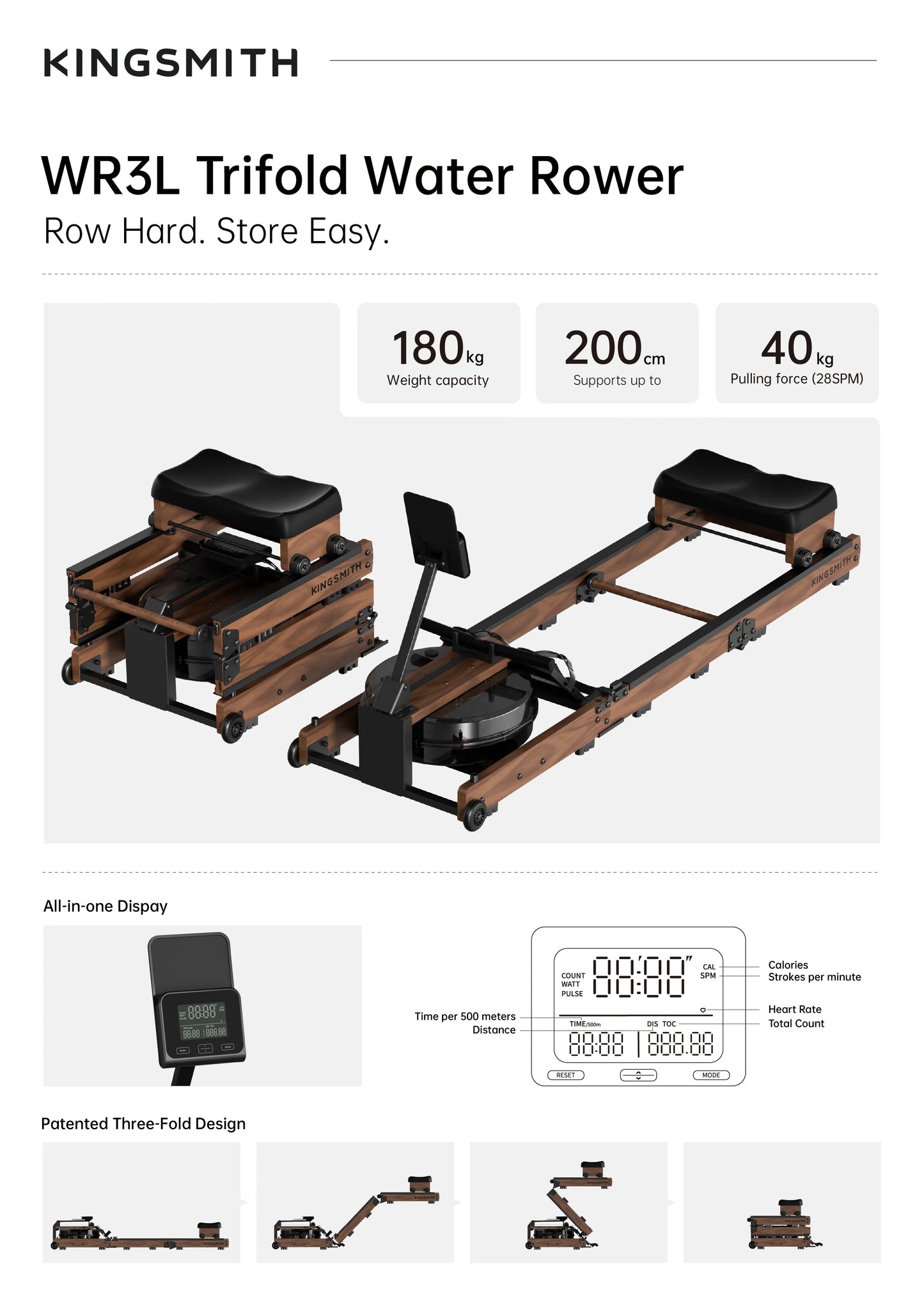 WR3L Water Rowing Machine | Foldable Wooden Rower with 5 Resistance Levels & LCD Display