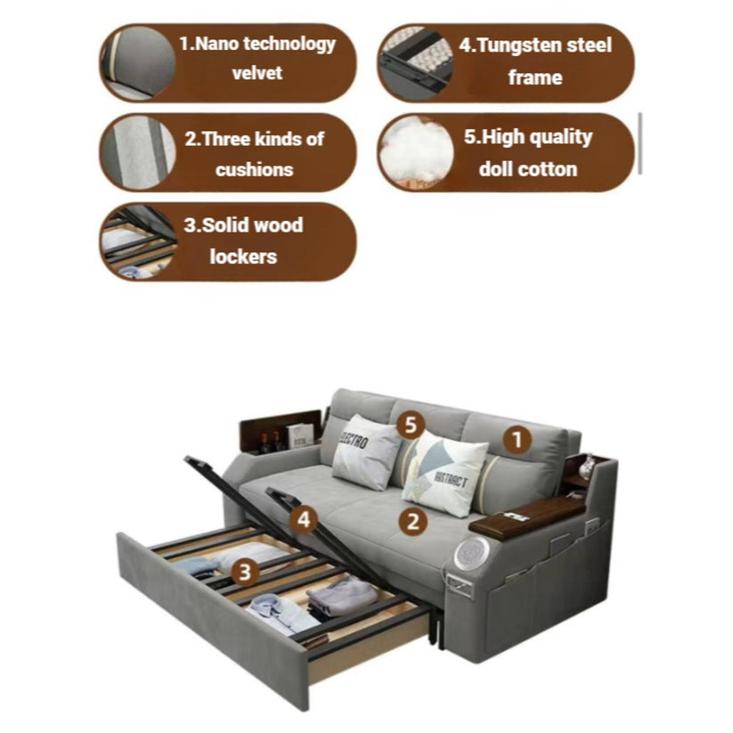 Modern Extendable 2 in 1 Sofa Bed with Side Pockets, Daybed with Bottom and Side Storage, USB Ports, Bluetooth, Speaker - Orange - COOLBABY