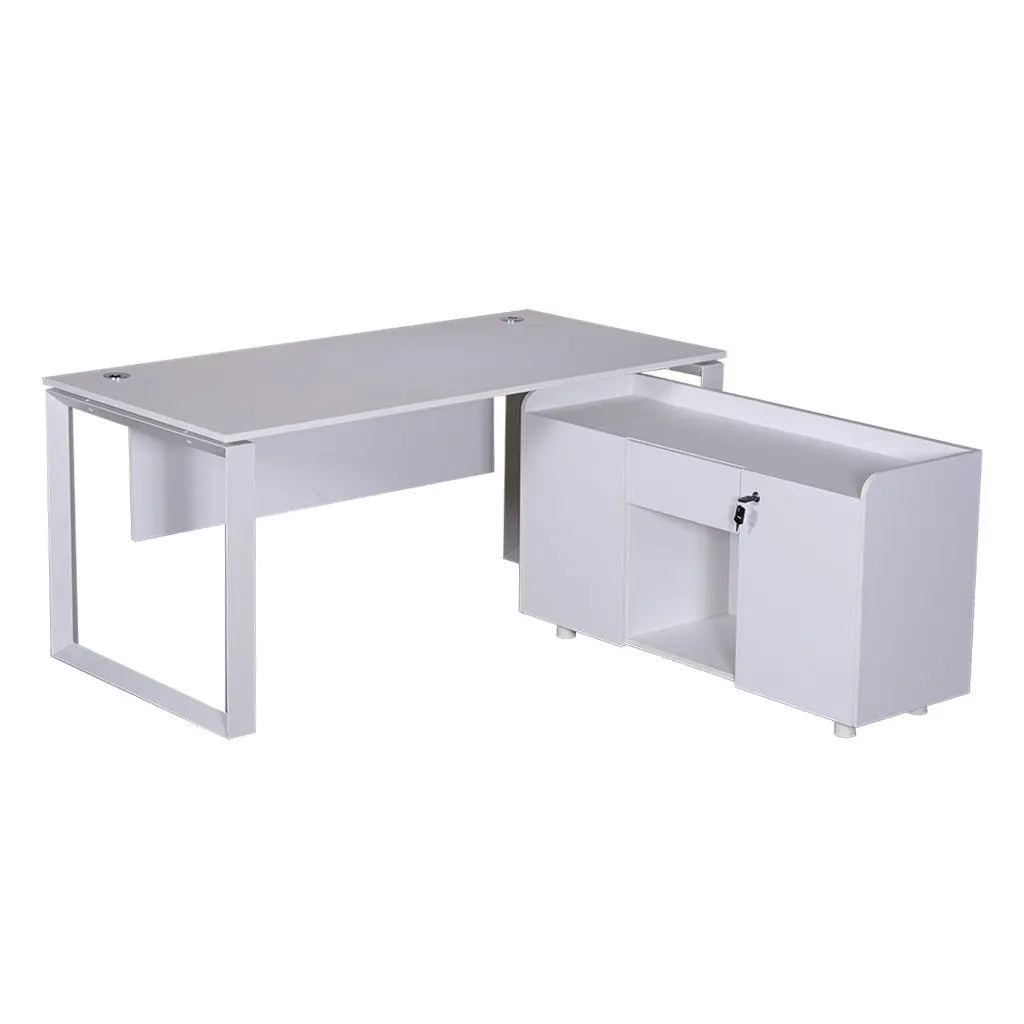 White Office Table with Movable Side Storage Unit | Modern Executive Workstation 140cm