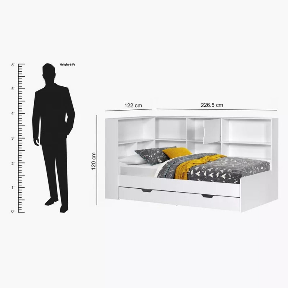 Vanilla Shelf Storage Headboard Single Bed with 2 Drawers – 90×200 cm, Engineered Wood Frame, Built‑In Shelves, Modern Kids’ Bed with Storage - COOLBABY