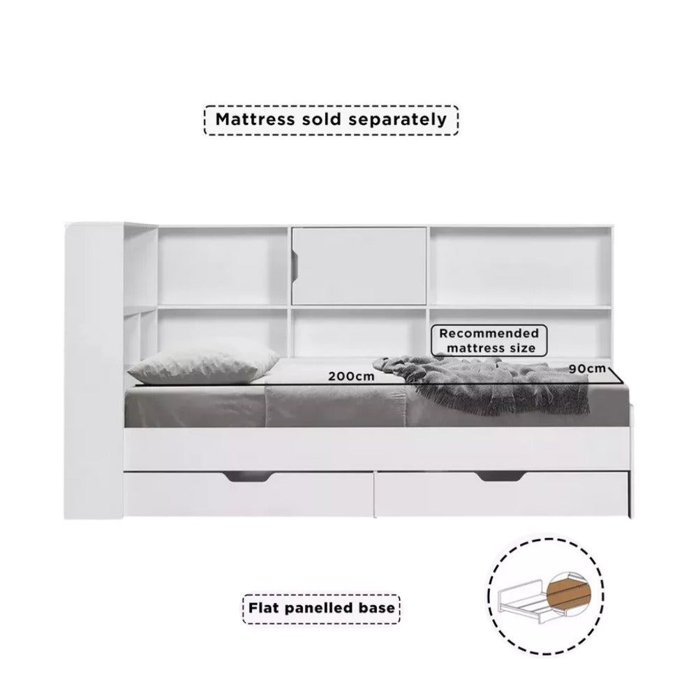 Vanilla Shelf Storage Headboard Single Bed with 2 Drawers – 90×200 cm, Engineered Wood Frame, Built‑In Shelves, Modern Kids’ Bed with Storage - COOLBABY