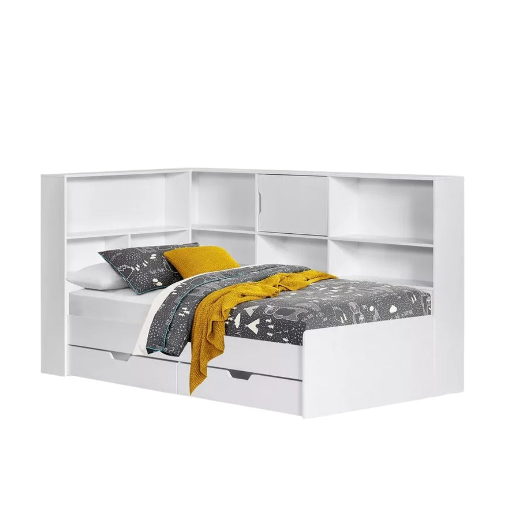 Vanilla Shelf Storage Headboard Single Bed with 2 Drawers – 90×200 cm, Engineered Wood Frame, Built‑In Shelves, Modern Kids’ Bed with Storage - COOLBABY