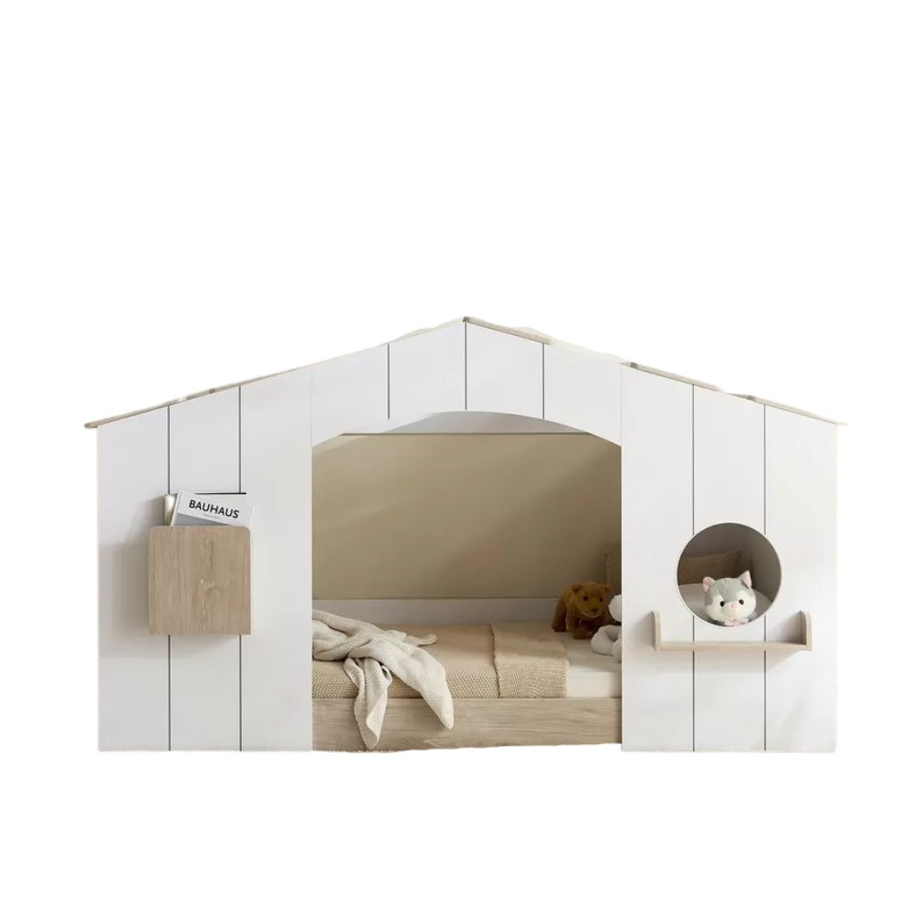 Movo Ivory Halmstad House Bed – Single Size 90×190 cm, Engineered Wood Frame, Modern Kids’ Playhouse Bed with Window Cutout - COOLBABY