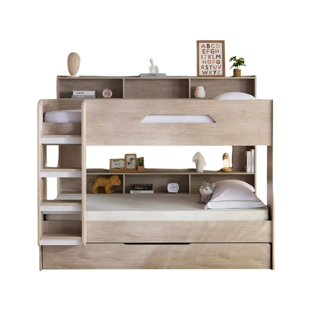 Ivory Halmstad Single Bunk Bed with Trundle – 90×200 cm, Engineered Wood Frame, Pull‑Out Extra Bed & Storage Shelves, Modern Space‑Saving Kids’ Bunk Bed - COOLBABY