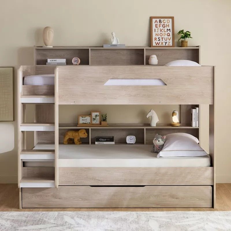 Ivory Halmstad Single Bunk Bed with Trundle – 90×200 cm, Engineered Wood Frame, Pull‑Out Extra Bed & Storage Shelves, Modern Space‑Saving Kids’ Bunk Bed - COOLBABY
