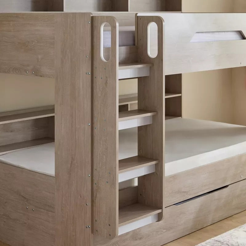 Ivory Halmstad Single Bunk Bed with Trundle – 90×200 cm, Engineered Wood Frame, Pull‑Out Extra Bed & Storage Shelves, Modern Space‑Saving Kids’ Bunk Bed - COOLBABY