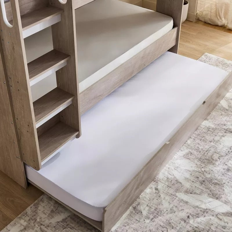 Ivory Halmstad Single Bunk Bed with Trundle – 90×200 cm, Engineered Wood Frame, Pull‑Out Extra Bed & Storage Shelves, Modern Space‑Saving Kids’ Bunk Bed - COOLBABY