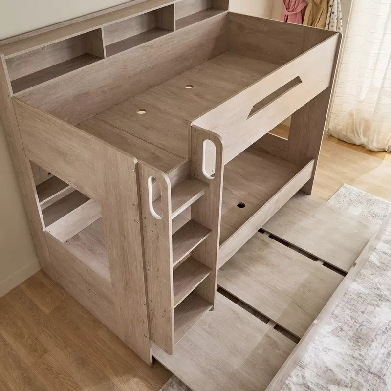 Ivory Halmstad Single Bunk Bed with Trundle – 90×200 cm, Engineered Wood Frame, Pull‑Out Extra Bed & Storage Shelves, Modern Space‑Saving Kids’ Bunk Bed - COOLBABY