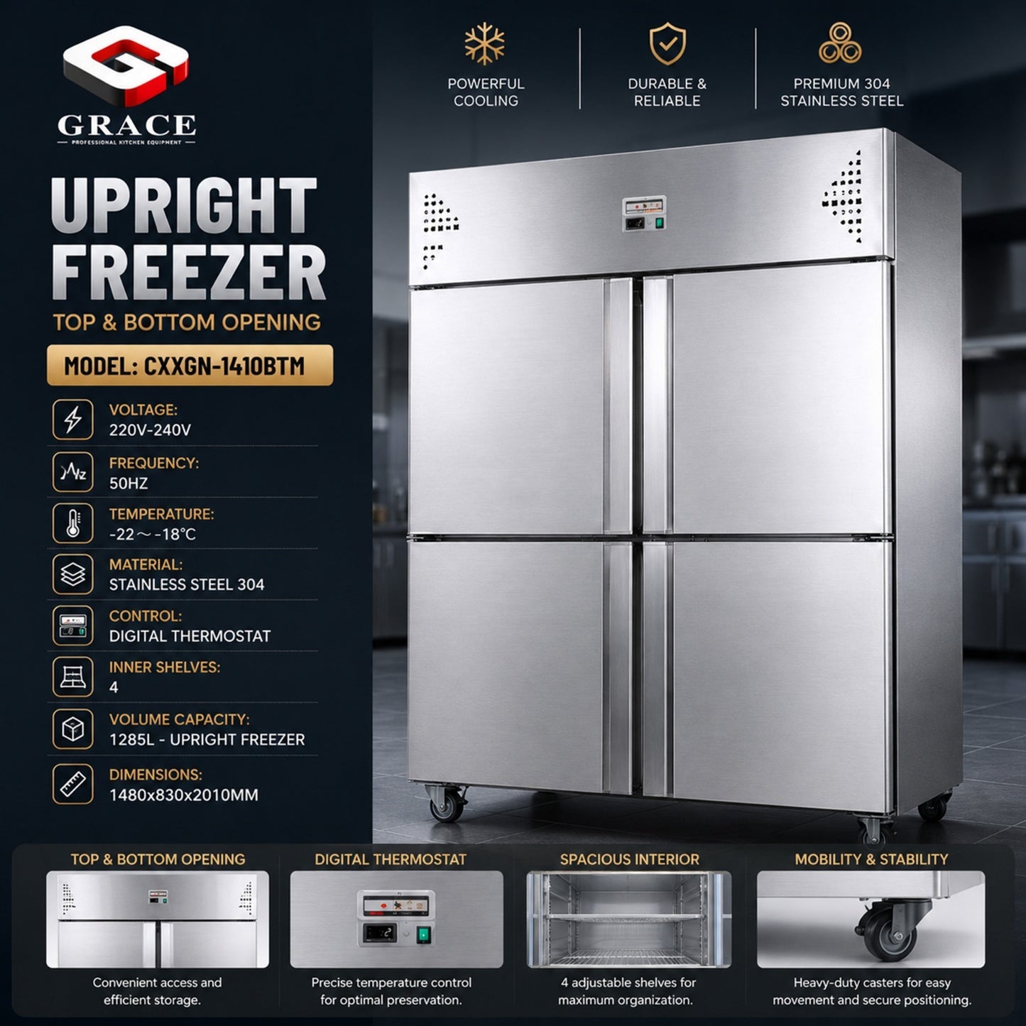 COOLBABY Upright Freezer, 1000L Total Capacity, 4-Door Double Temperature (Top Cooling and Bottom Freezer) Rectangular Deep Freezer, Wheels, 120 x 70 x 193cm Stainless Steel