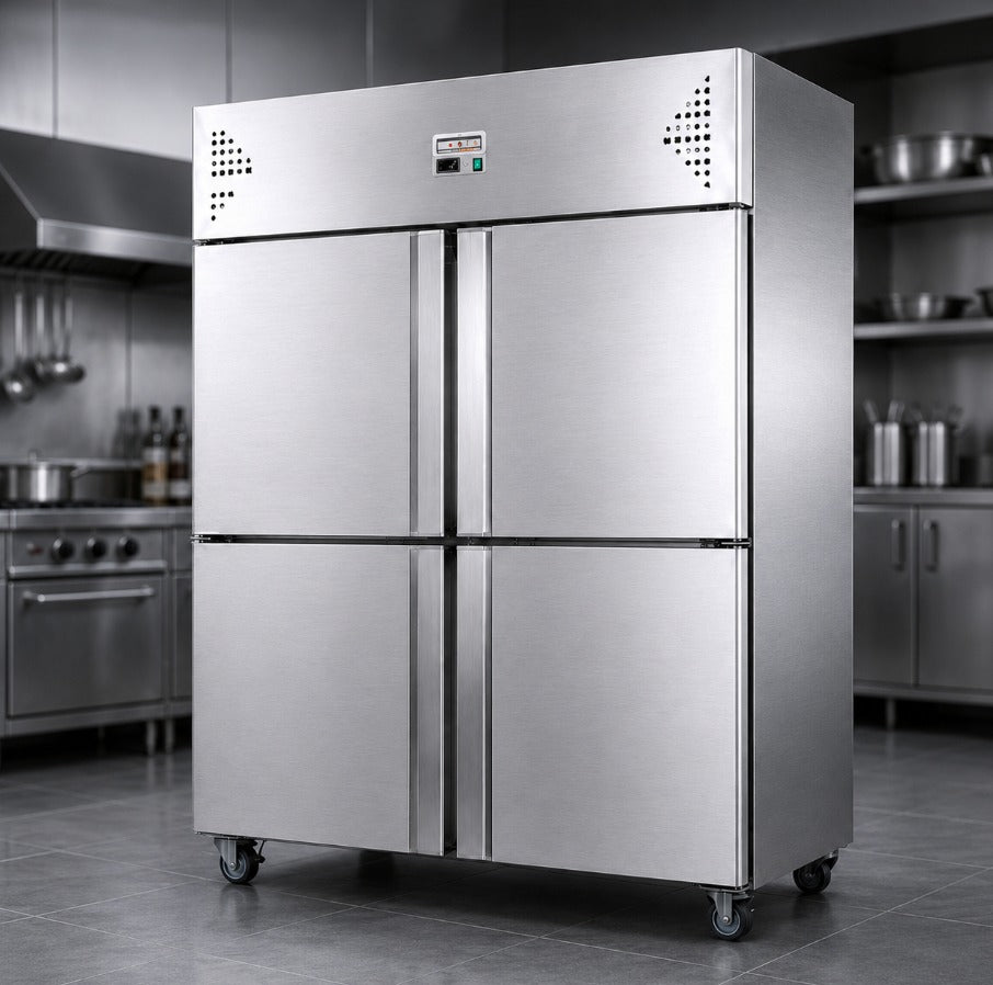 COOLBABY Upright Freezer, 1000L Total Capacity, 4-Door Double Temperature (Top Cooling and Bottom Freezer) Rectangular Deep Freezer, Wheels, 120 x 70 x 193cm Stainless Steel