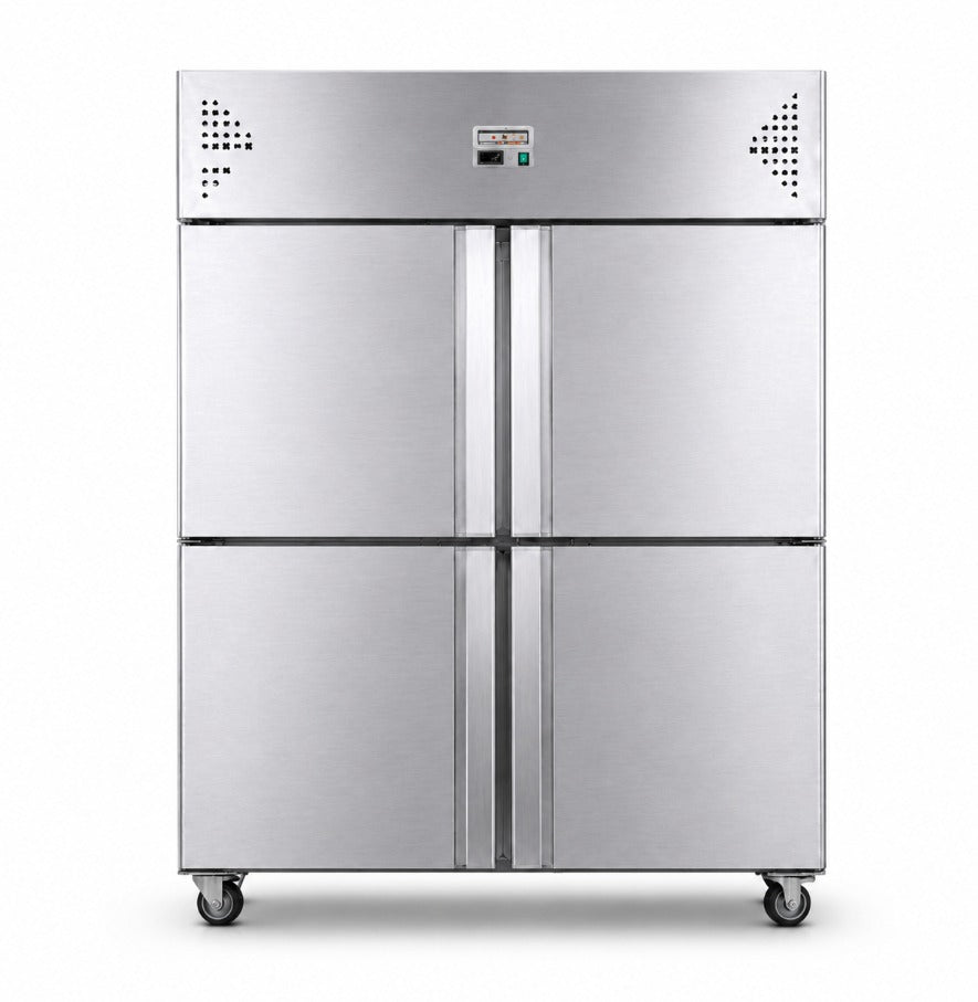 COOLBABY Upright Freezer, 1000L Total Capacity, 4-Door Double Temperature (Top Cooling and Bottom Freezer) Rectangular Deep Freezer, Wheels, 120 x 70 x 193cm Stainless Steel