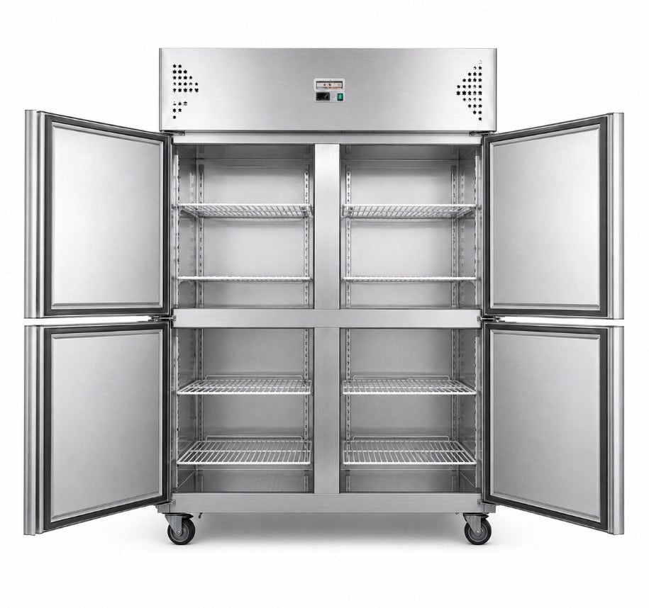 COOLBABY Upright Freezer, 1000L Total Capacity, 4-Door Double Temperature (Top Cooling and Bottom Freezer) Rectangular Deep Freezer, Wheels, 120 x 70 x 193cm Stainless Steel