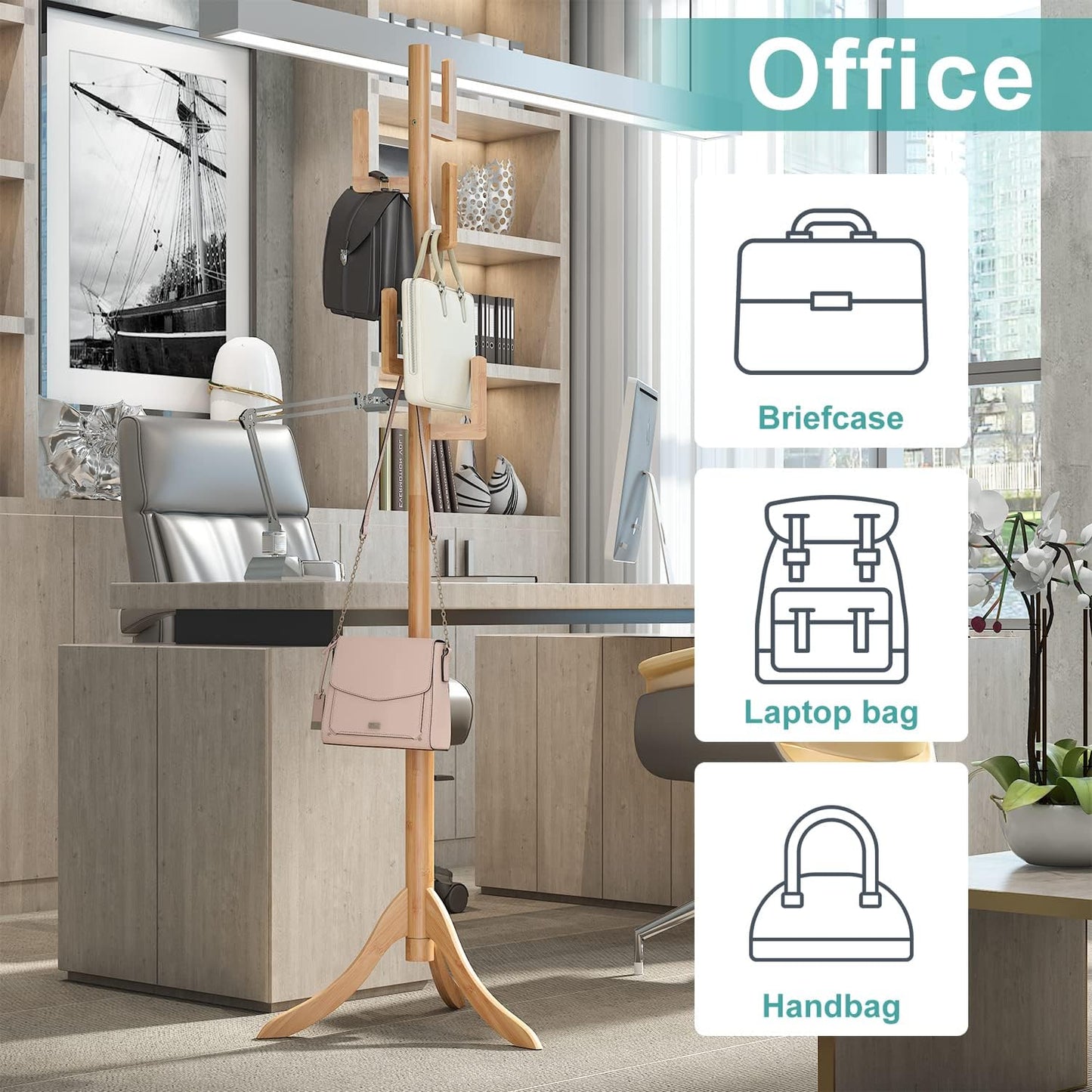 Vriccc Bamboo Cactus Coat Rack – Adjustable Freestanding Wooden Stand with 6 Hooks for Kids & Adults – Modern Coat Tree for Bedroom, Living Room, Office - COOLBABY