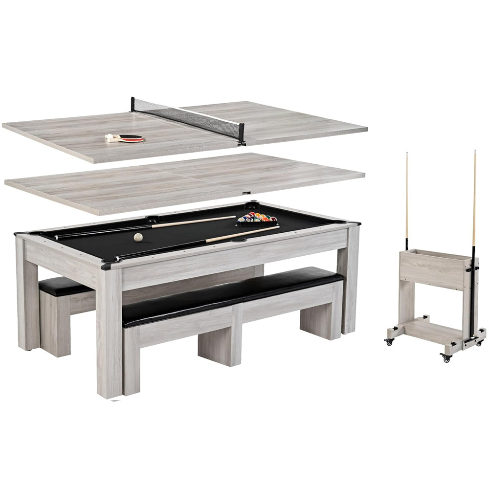 7ft 3-in-1 Convertible Multifunction Billiard Pool Table with Dining Top&Ping Pong Top with Two Benches