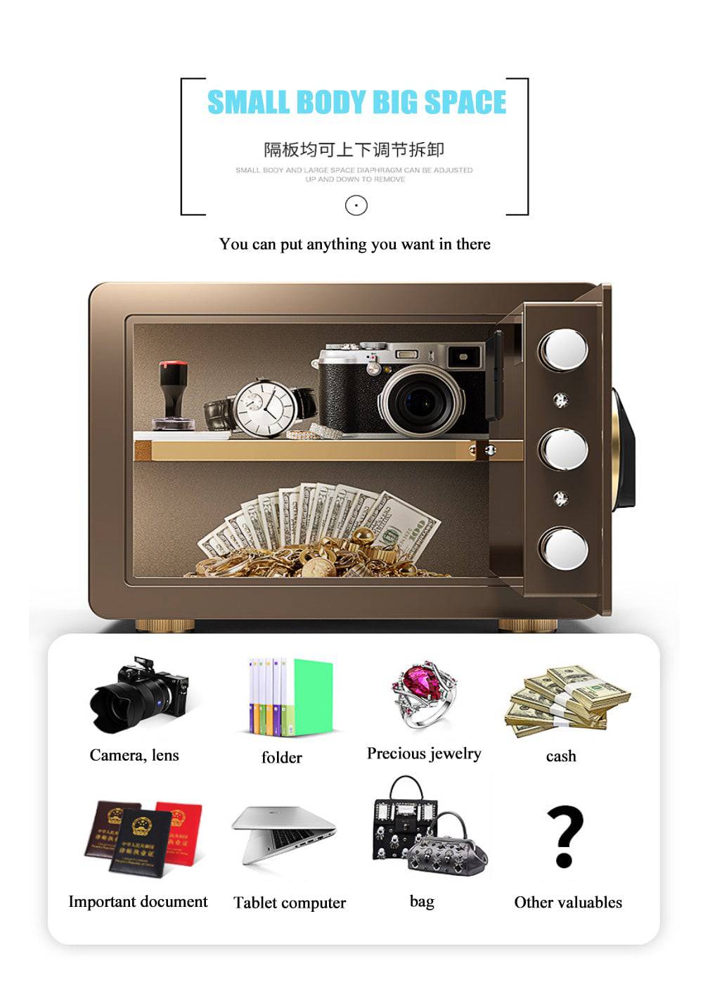 COOLBABY BXG-25 Safe Box with Biometric Fingerprint Lock, A4 Document Size Safety Deposit Box for Home Office Shop (25 * 35 * 25) Brown - COOL BABY