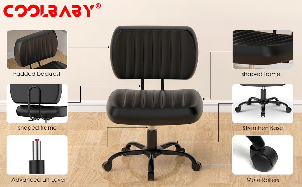 Armless Home Office Desk Chair with Wheels, Ergonomic PU Leather Task Chair, Height Adjustable, 360° Swivel, Lumbar Support - Black - COOLBABY