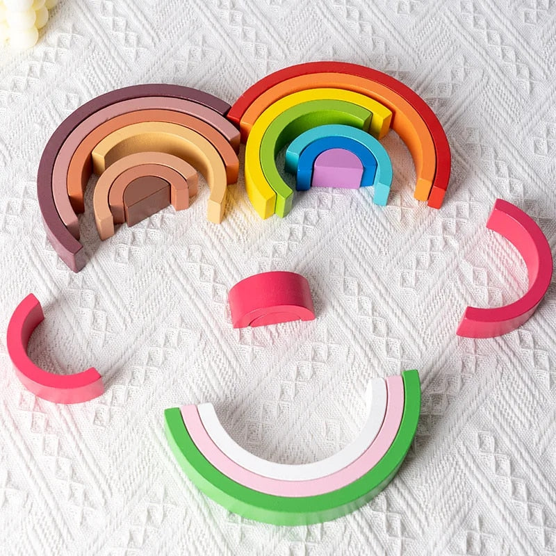 COOLBABY Arch Bridge Rainbow Building Blocks Kids Montessori Educational Games Color and Shape Cognitive Wooden Toys for Children - COOLBABY