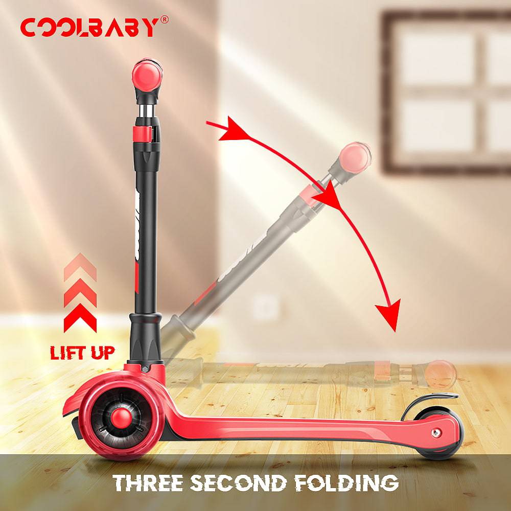 COOLBABY 318 Toddler Girls & Boys Foldable Scooter LED Light 3 Roller Scooter with Adjustable Height Tilting Steering Gift for Kids Ages 3-12 - COOLBABY