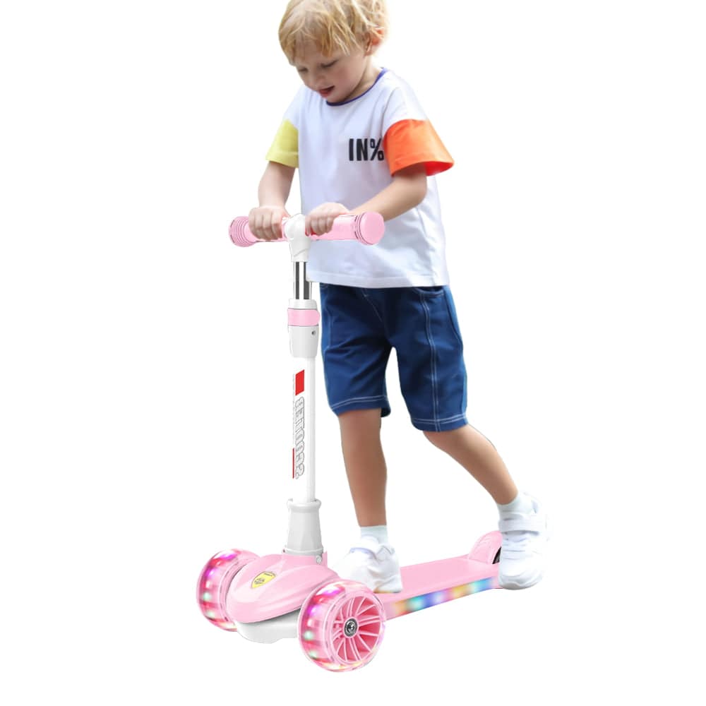 COOLBABY 318 Toddler Girls & Boys Foldable Scooter LED Light 3 Roller Scooter with Adjustable Height Tilting Steering Gift for Kids Ages 3-12 - COOLBABY