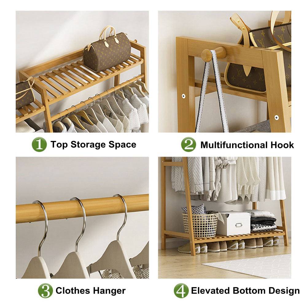 COOLBABY Bamboo Wood Garment Rack Clothing Rack,Multifunctional Bedroom Hanging Rack Clothing Organizer 110CM - COOLBABY