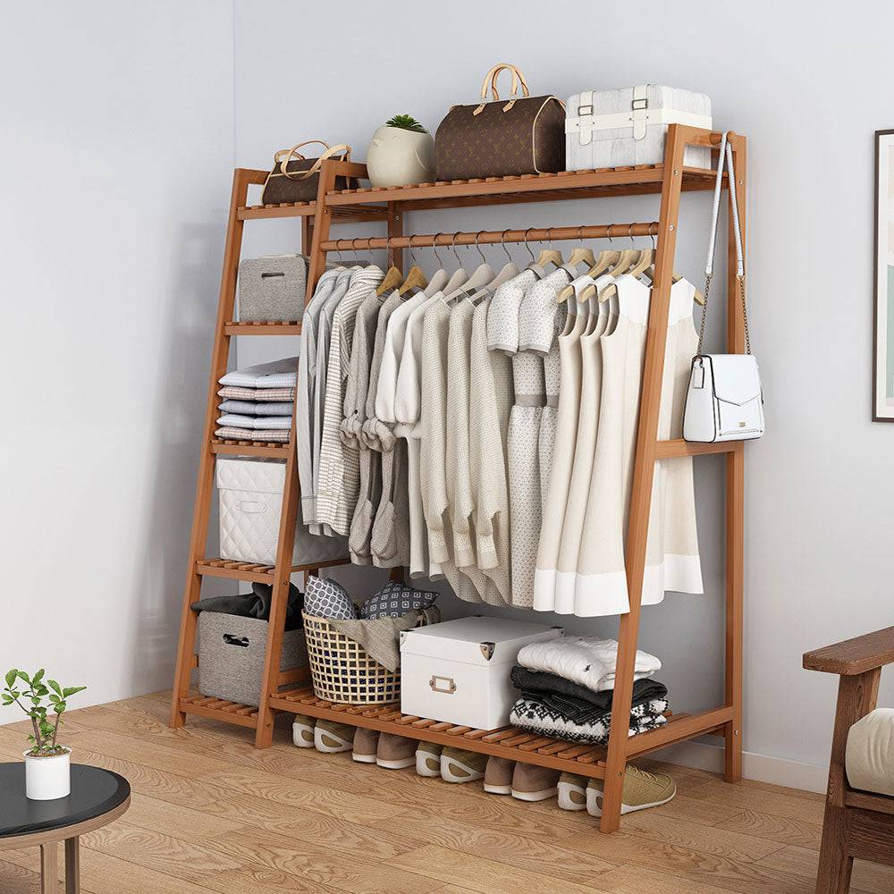COOLBABY Bamboo Wood Garment Rack Clothing Rack,Multifunctional Bedroom Hanging Rack Clothing Organizer 110CM - COOLBABY
