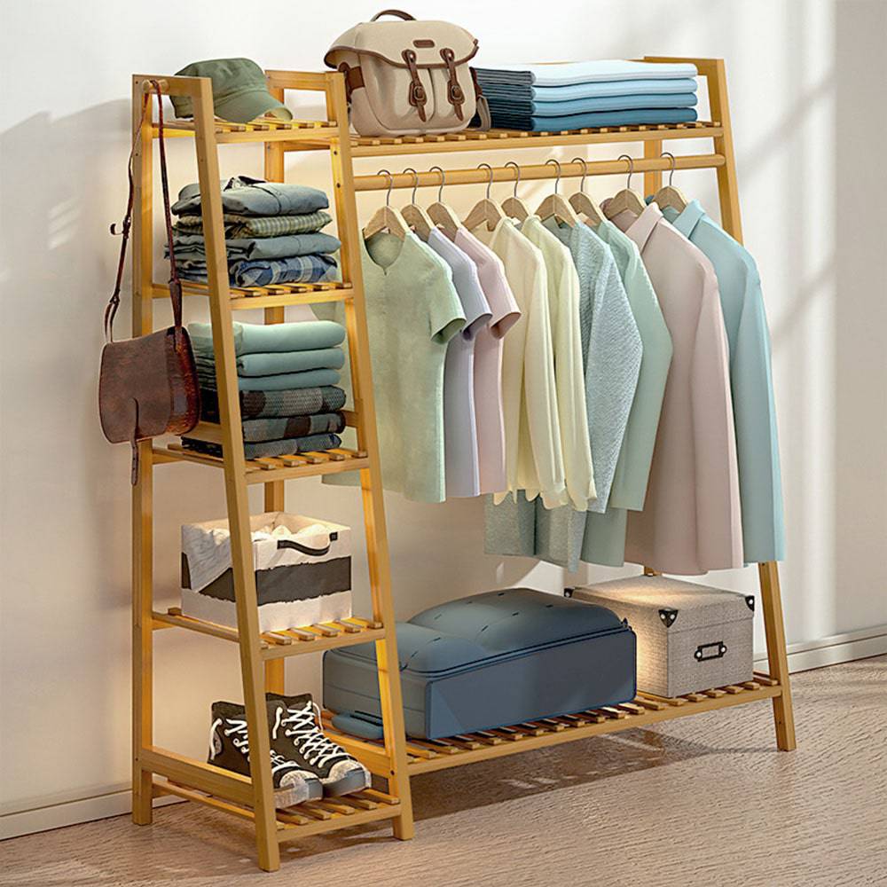 COOLBABY Bamboo Wood Garment Rack Clothing Rack,Multifunctional Bedroom Hanging Rack Clothing Organizer 110CM - COOLBABY