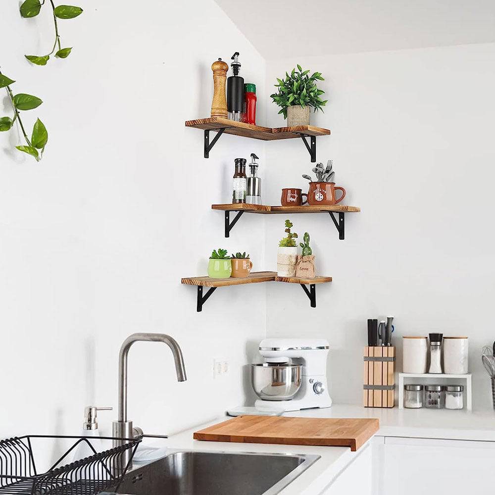 COOLBABY Corner Floating Shelves for Wall,Rustic Wood Wall Shelves Storage Display Shelf Decor - COOLBABY