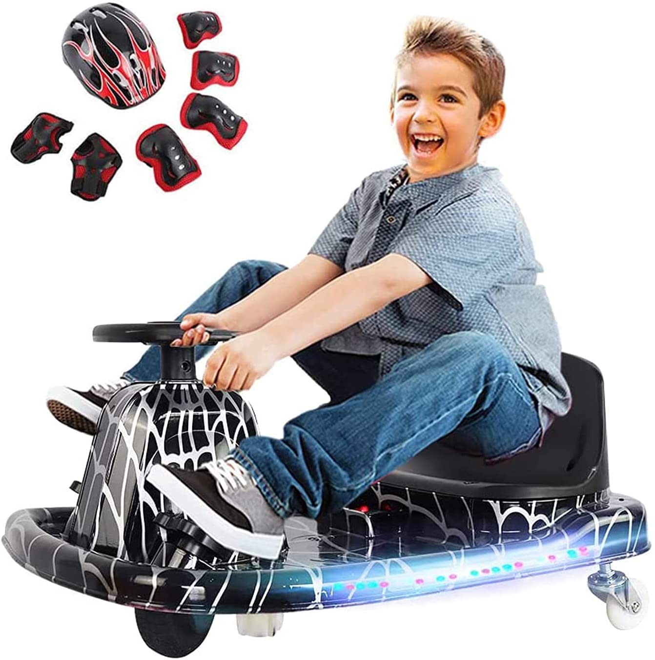 COOLBABY DP7H Drift Crazy Cart Electric Scooter Go Kart for Kids 3 Wheel Ride On Scooter Toy With LED Light & Helmet Protective Gear - COOLBABY