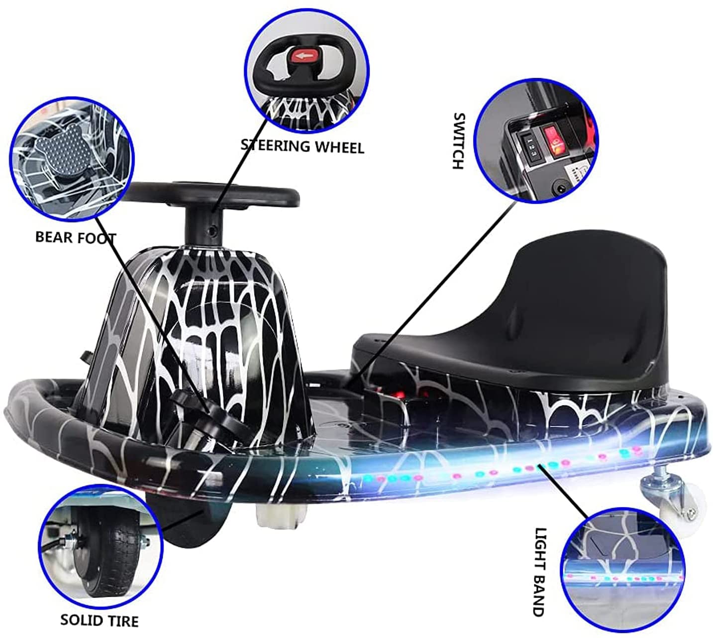COOLBABY DP7H Drift Crazy Cart Electric Scooter Go Kart for Kids 3 Wheel Ride On Scooter Toy With LED Light & Helmet Protective Gear - COOLBABY