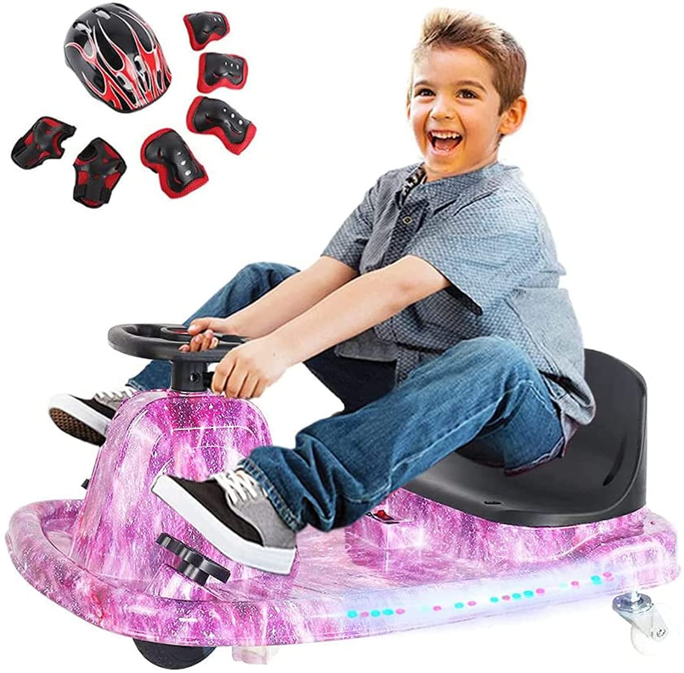 COOLBABY DP7H Drift Crazy Cart Electric Scooter Go Kart for Kids 3 Wheel Ride On Scooter Toy With LED Light & Helmet Protective Gear - COOLBABY