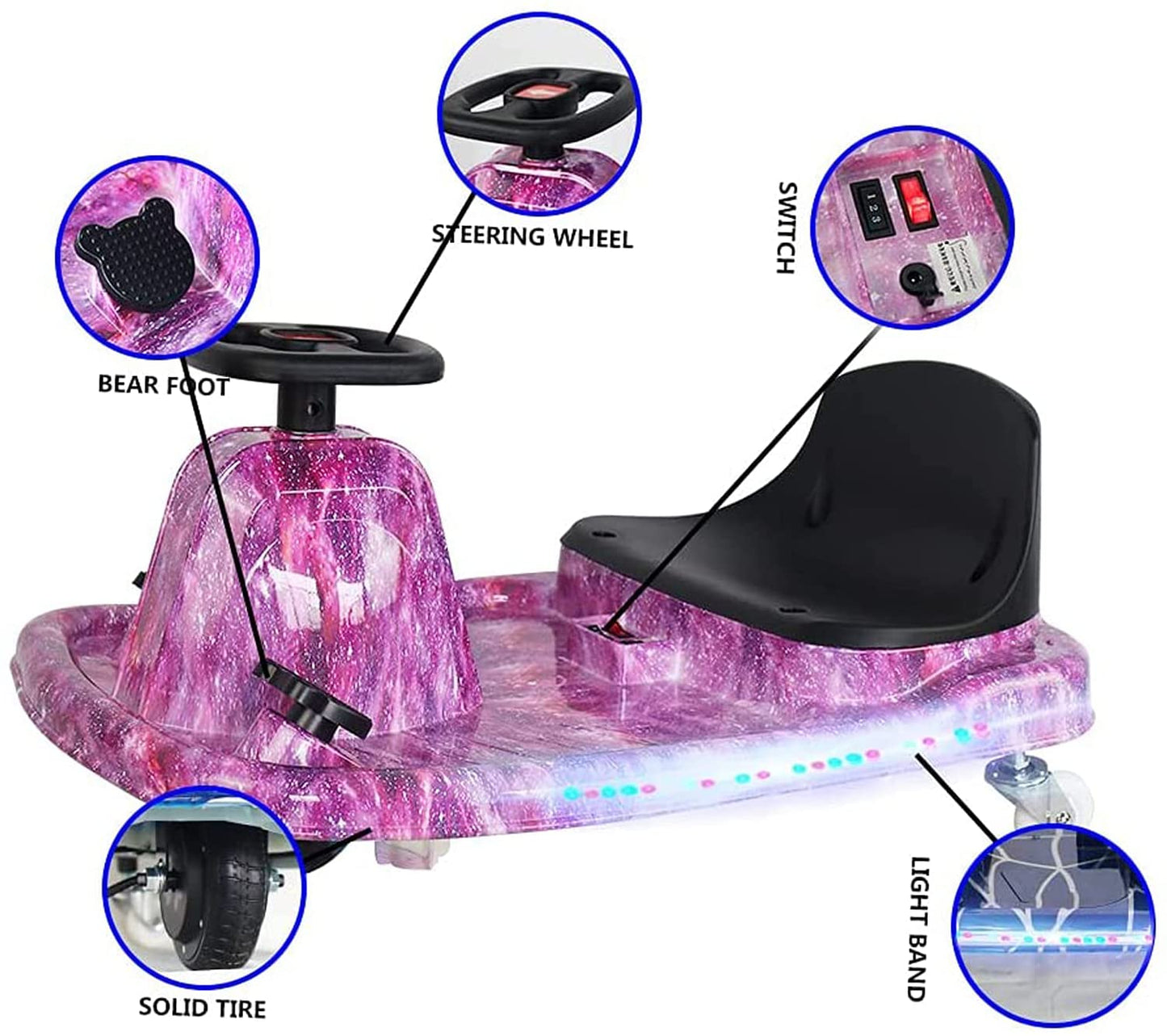 COOLBABY DP7H Drift Crazy Cart Electric Scooter Go Kart for Kids 3 Wheel Ride On Scooter Toy With LED Light & Helmet Protective Gear - COOLBABY