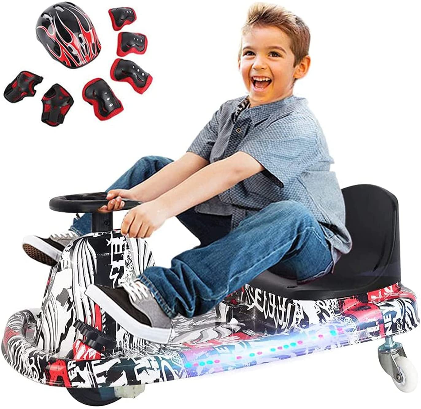COOLBABY DP7H Drift Crazy Cart Electric Scooter Go Kart for Kids 3 Wheel Ride On Scooter Toy With LED Light & Helmet Protective Gear - COOLBABY