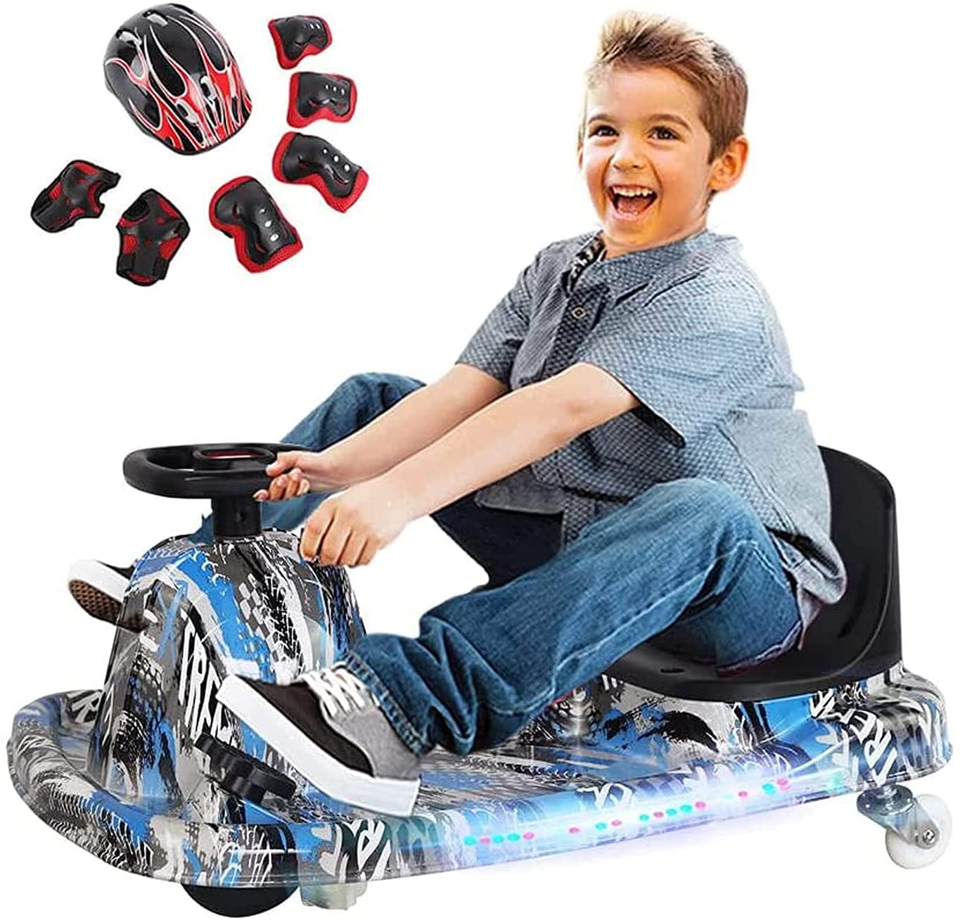 COOLBABY DP7H Drift Crazy Cart Electric Scooter Go Kart for Kids 3 Wheel Ride On Scooter Toy With LED Light & Helmet Protective Gear - COOLBABY