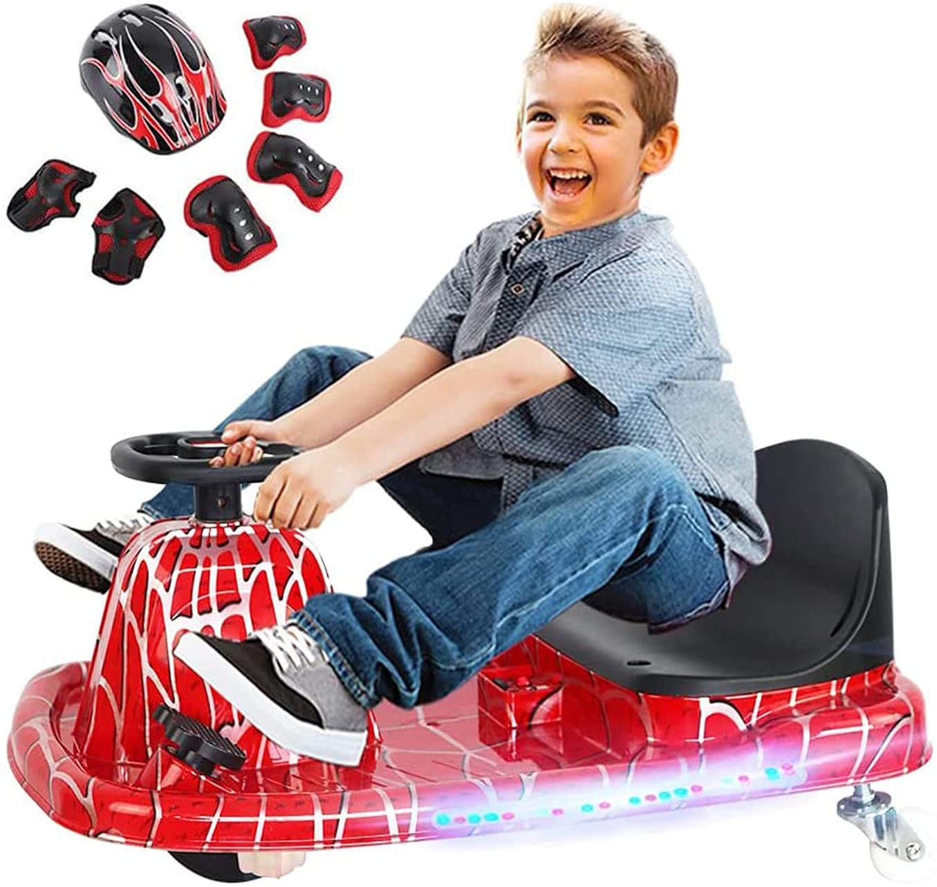 COOLBABY DP7H Drift Crazy Cart Electric Scooter Go Kart for Kids 3 Wheel Ride On Scooter Toy With LED Light & Helmet Protective Gear - COOLBABY
