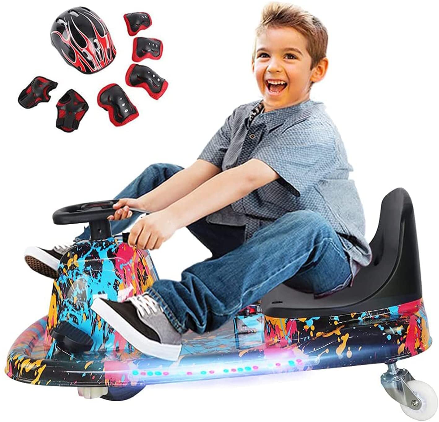 COOLBABY DP7H Drift Crazy Cart Electric Scooter Go Kart for Kids 3 Wheel Ride On Scooter Toy With LED Light & Helmet Protective Gear - COOLBABY