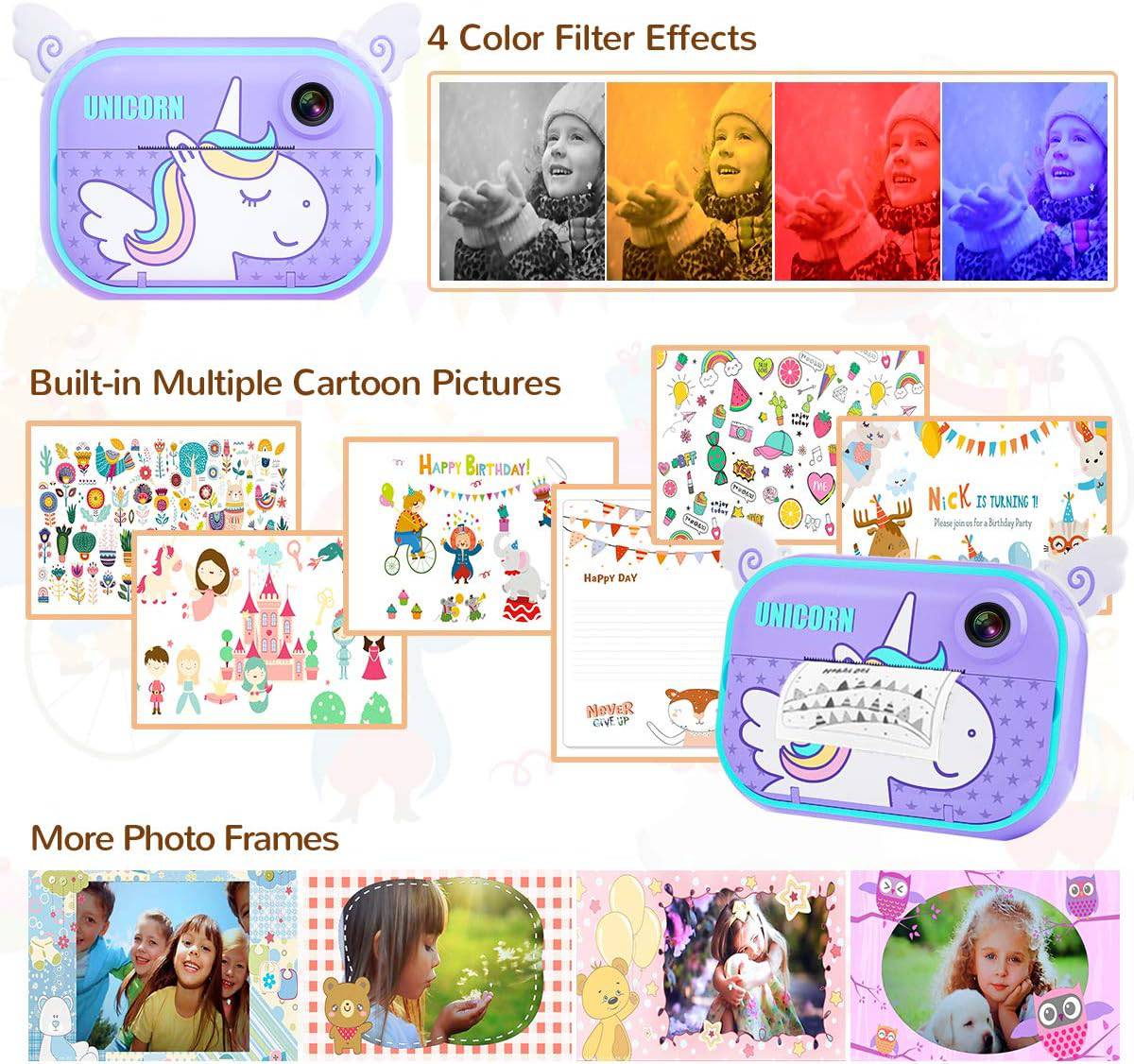 COOLBABY KPCM0 Instant Print Camera for Kids, Girls Boys Zero Ink Print Photo Selfie Video Digital Camera with Paper Film, 3-12 Years Old Children Mini Learning Toy Camera Gifts for Birthday - COOLBABY