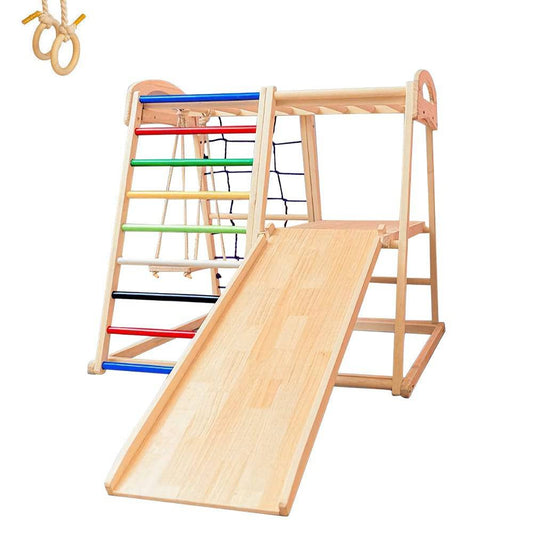 COOLBABY SSZ-PPJ01 6 in 1 Solid Wood Climbing Frame - Children's Indoor Wooden Rock Climbing Slide and Swing Combination - COOLBABY