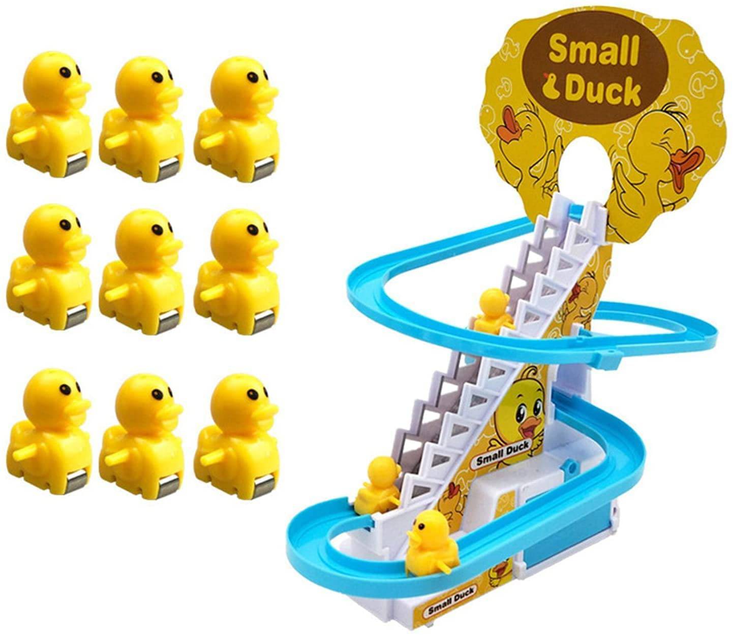 COOLBABY YLY2020 Duck Climbing Stairs Toy Rail Car Toy, Electric Music Climbing Stairs Toy Duck Race Track Set with LED Flashing Lights - COOLBABY