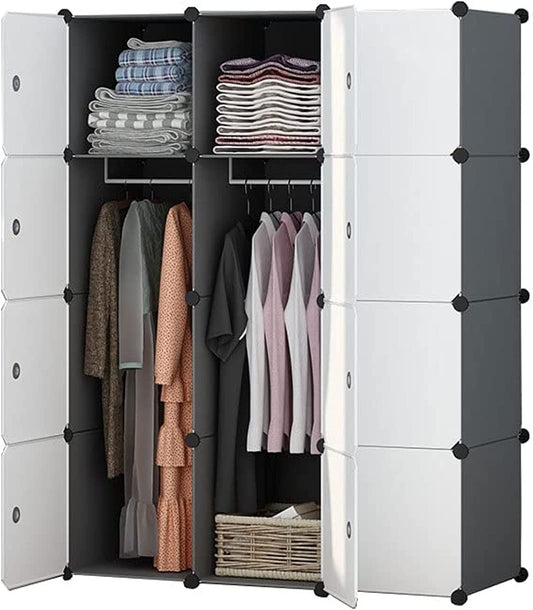 COOLBABY ZRW-YG03 Portable Wardrobe for Hanging Clothes, Combination Armoire, Modular Cabinet Space Saving, Put Bags, Toys, Clothes,12 Doors 2 Hanging,111×47×147cm, White, - COOLBABY
